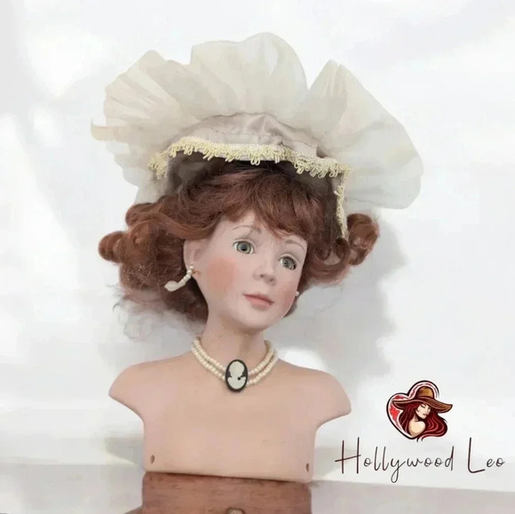 Victorian Porcelain Doll Head Redhead Ruffled Feathered hat Cameo and Earrings - Picture 1 of 7